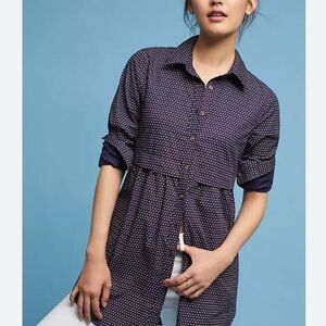 Anthropologie Maeve Dark Purple Polka Dot Button-Up Tunic